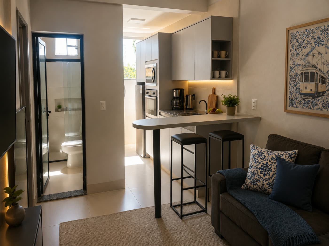 Sala e cozinha integradas do apartamento Lisboa, com quadro de azulejo português